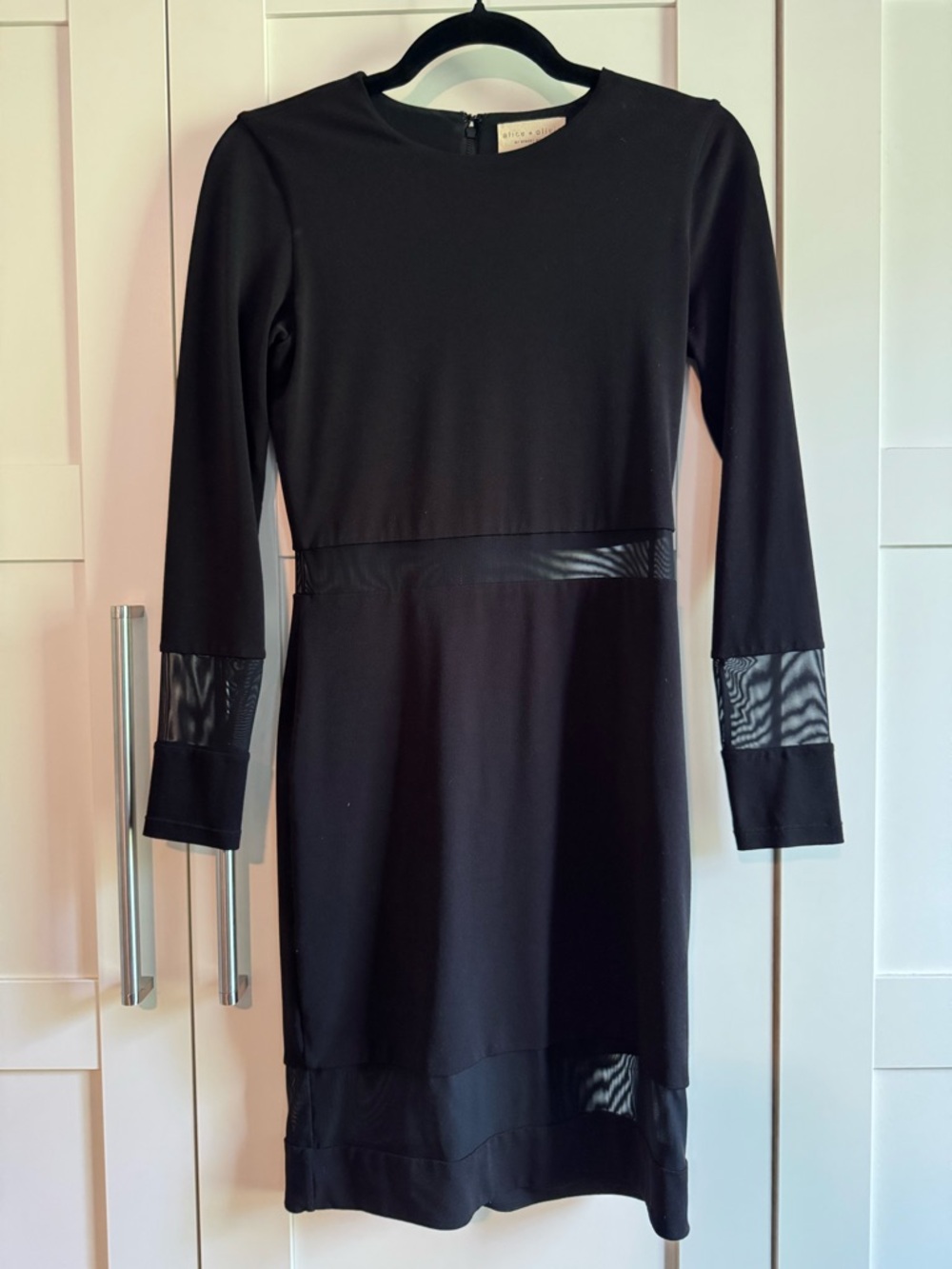 Alice + Olivia Black Long Sleeve Sheath Dress with Mesh Panels